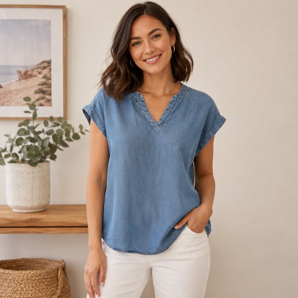 Chico’s blue chambray pull-over v-neck top Medium classic preppy